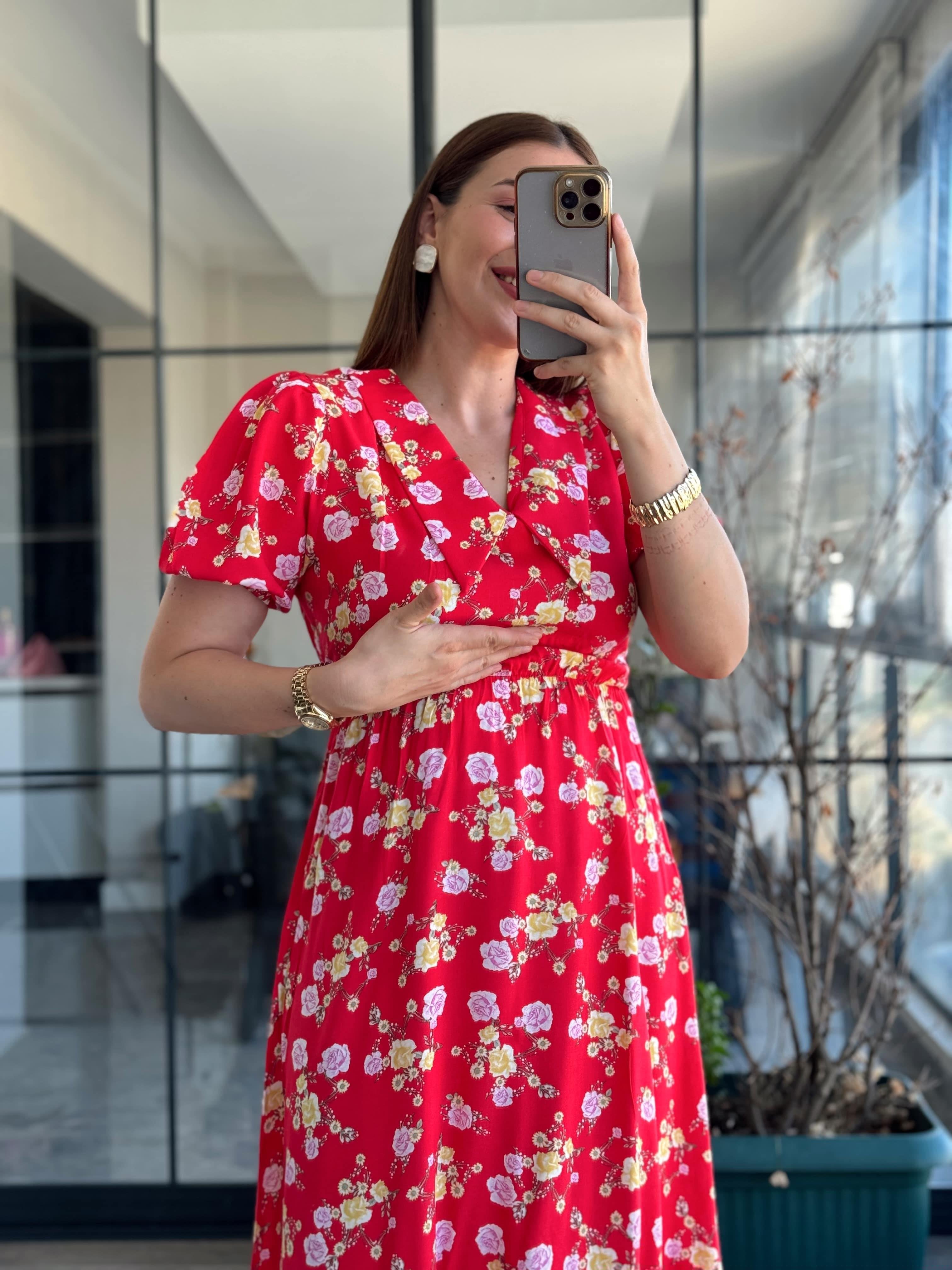 Pimu New Season Baby Collar Viscose Midi Dress - Belted Trend - Red