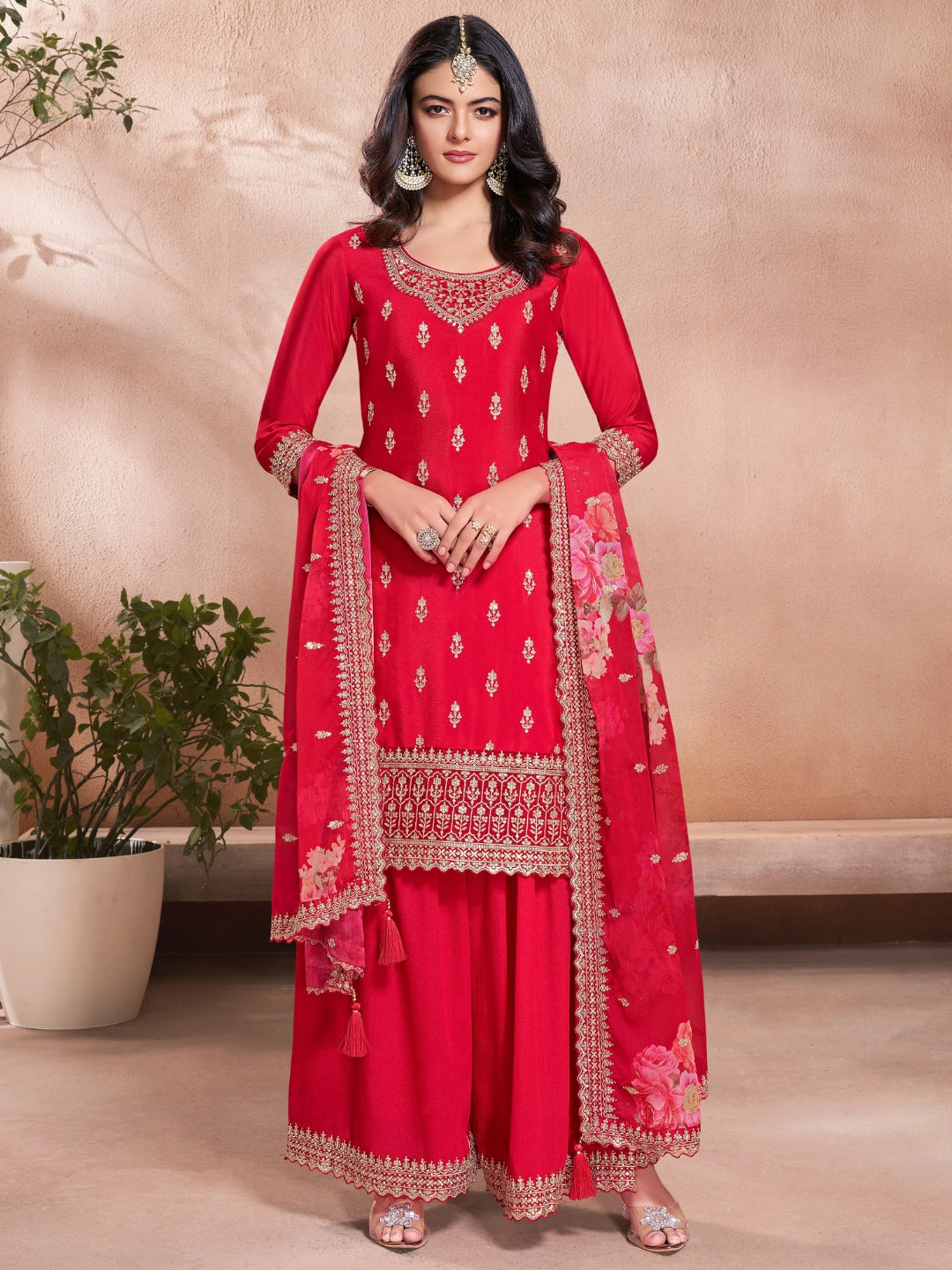 The52 Women's Gorgeous Embroidery Vichitra Silk Fabric Straight Kurta, Sharara and Dupatta Set