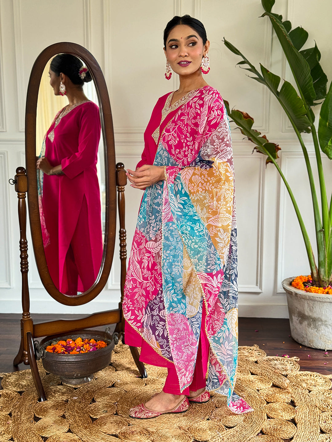 The52 Floral Chanderi Silk Fabric Straight Kurta, Pant and Dupatta Set