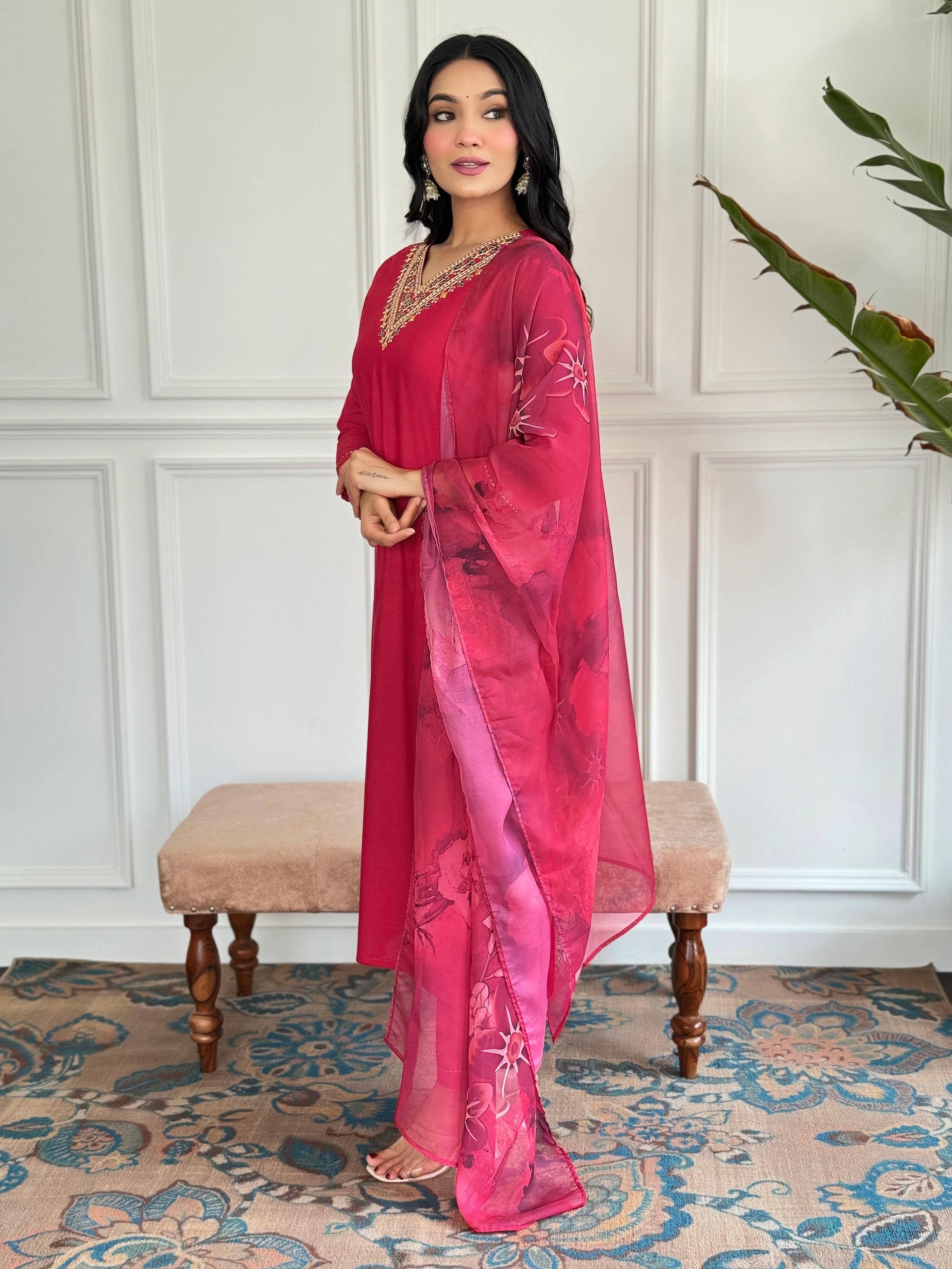 The52 Floral Rayon Fabric Straight Kurta, Pant and Dupatta Set