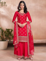 Thumbnail for The52 Women's Gorgeous Embroidery Vichitra Silk Fabric Straight Kurta, Sharara and Dupatta Set