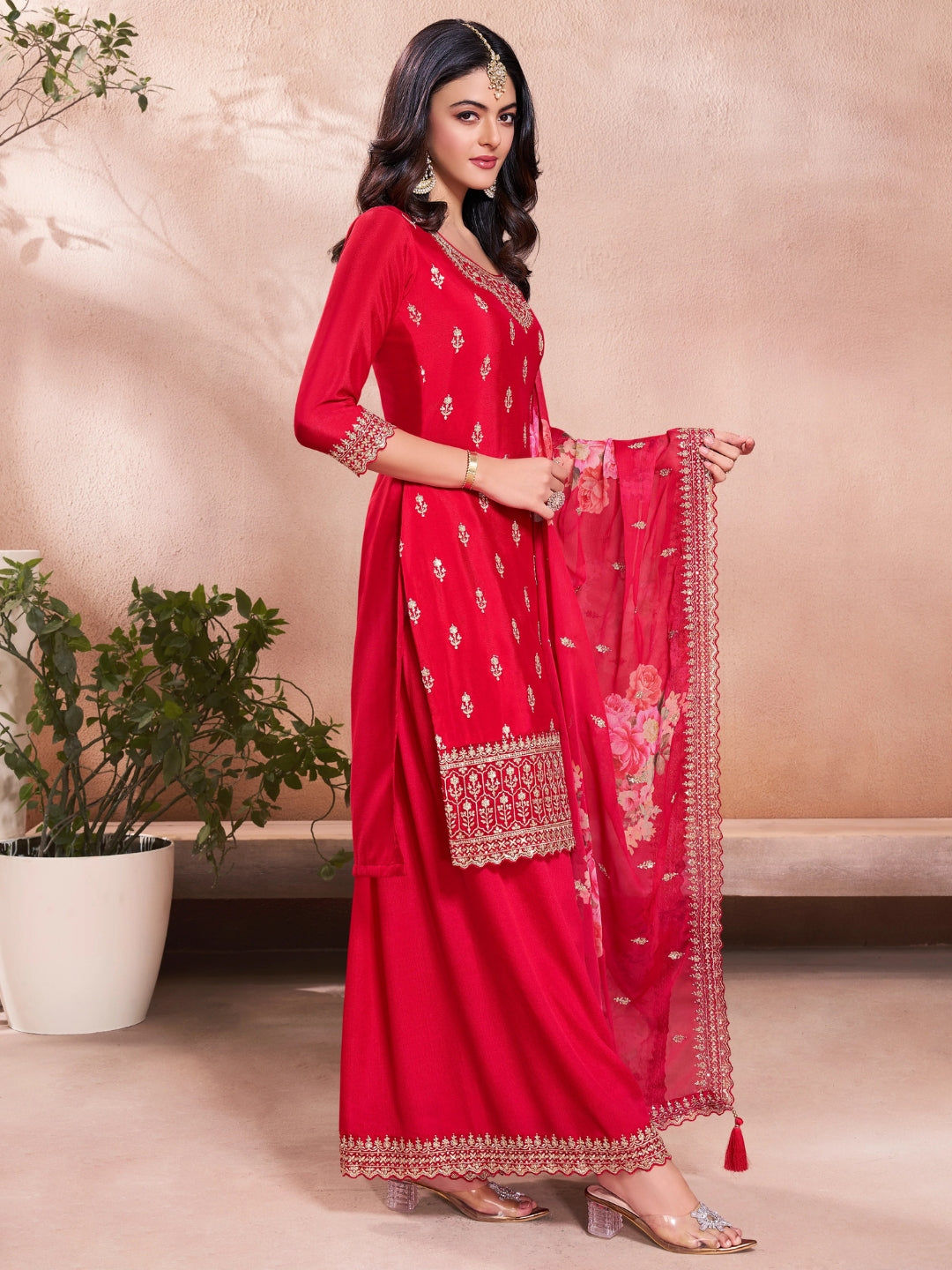 The52 Women's Gorgeous Embroidery Vichitra Silk Fabric Straight Kurta, Sharara and Dupatta Set