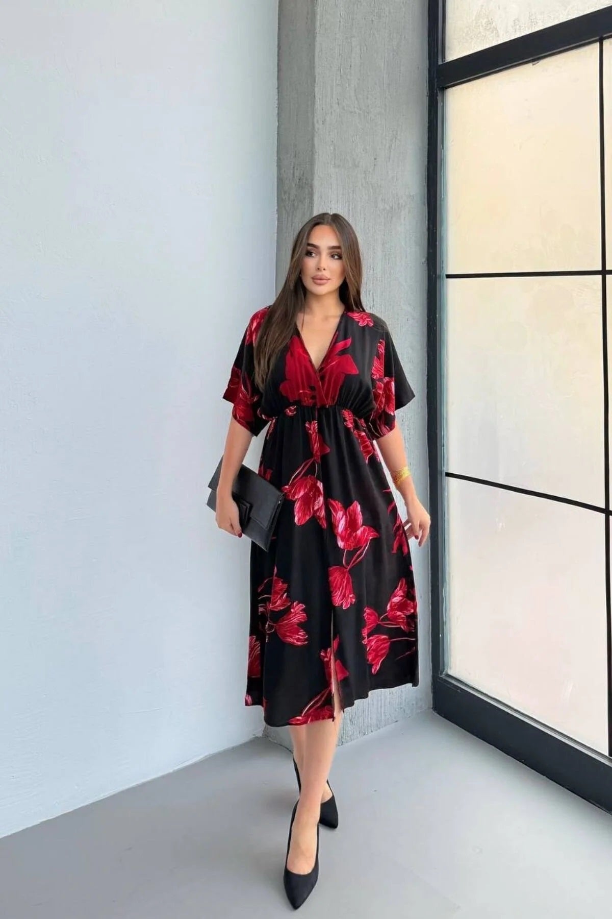 Pimu Front Slit Midi Dresses V-neck Designs For Women Party Wear - Red