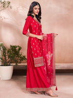 Thumbnail for The52 Women's Gorgeous Embroidery Vichitra Silk Fabric Straight Kurta, Sharara and Dupatta Set