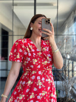 Thumbnail for Pimu New Season Baby Collar Viscose Midi Dress - Belted Trend - Red
