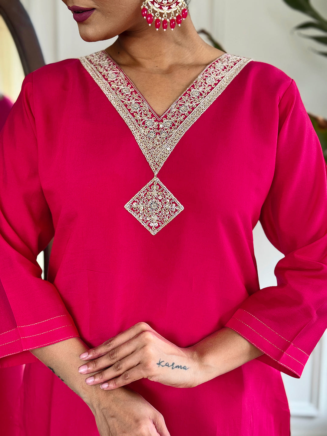 The52 Floral Chanderi Silk Fabric Straight Kurta, Pant and Dupatta Set