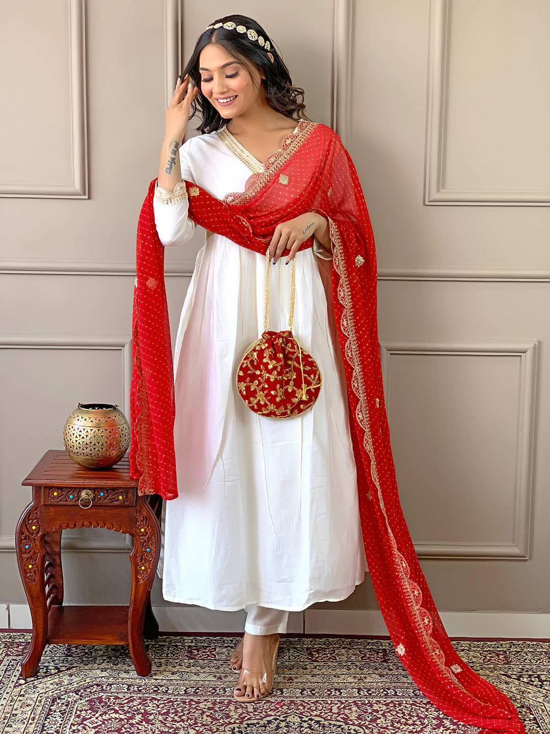 The52 Women's Gorgeous Embroidery Chandrei Fabric Straight Kurta, Pant and Dupatta Set
