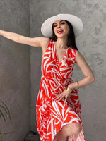 Thumbnail for Pimu Viscose Patterned Summer Dress - Elastic Waist, V-Neck - Red