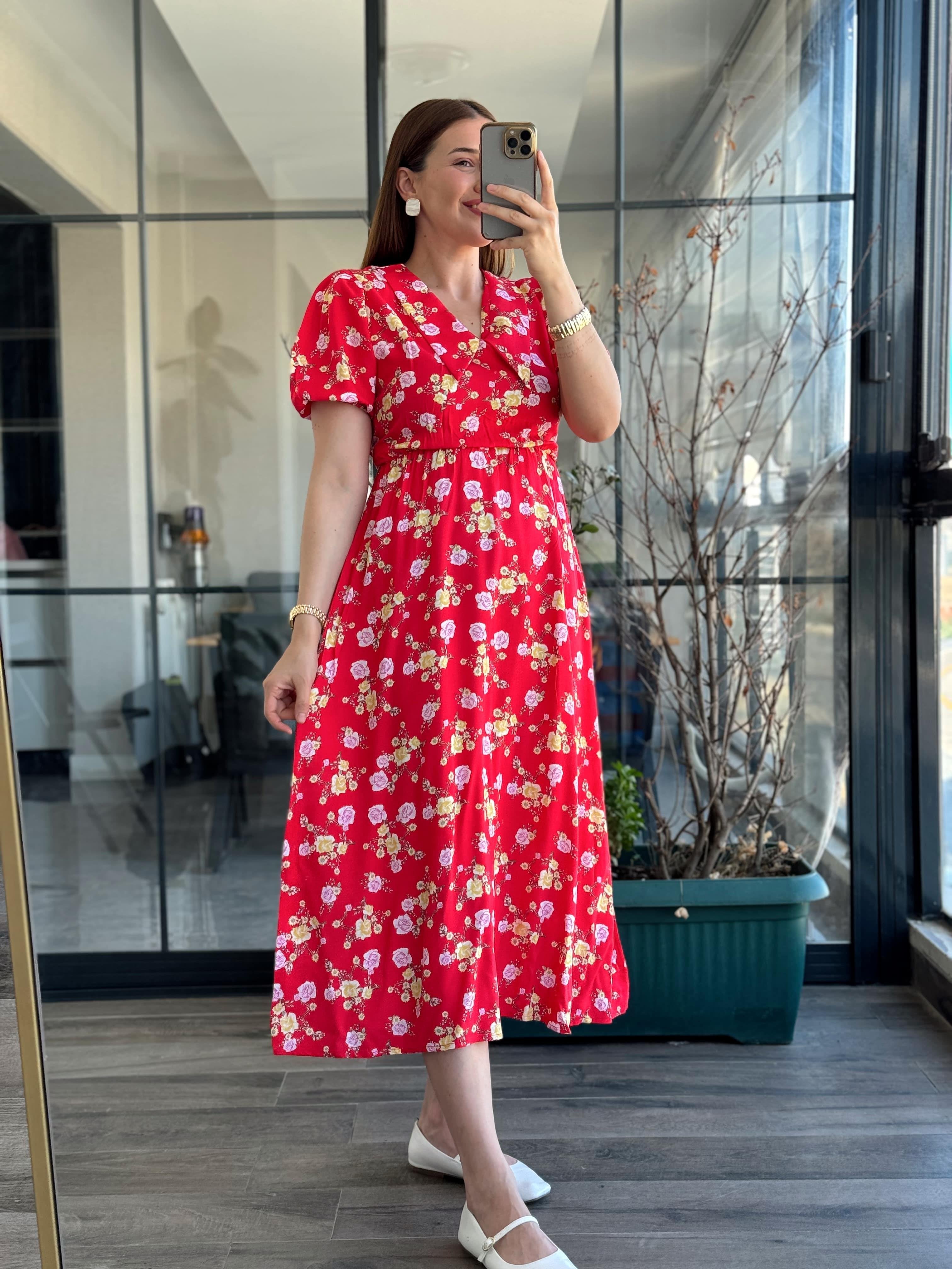 Pimu New Season Baby Collar Viscose Midi Dress - Belted Trend - Red