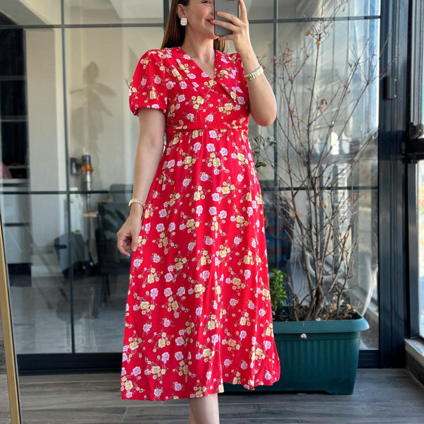 Pimu New Season Baby Collar Viscose Midi Dress - Belted Trend - Red