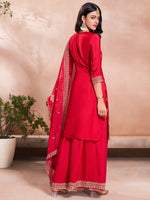 Thumbnail for The52 Women's Gorgeous Embroidery Vichitra Silk Fabric Straight Kurta, Sharara and Dupatta Set