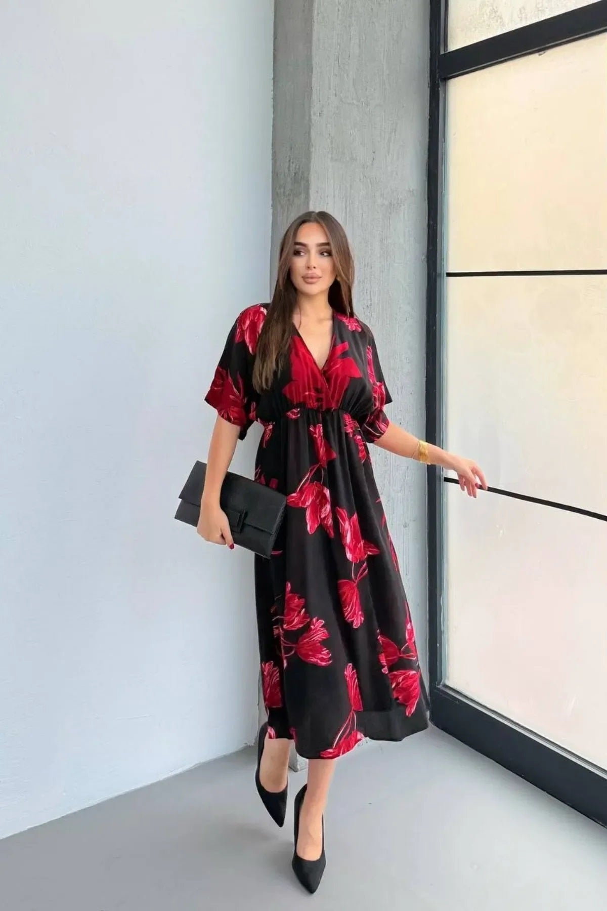 Pimu Front Slit Midi Dresses V-neck Designs For Women Party Wear - Red