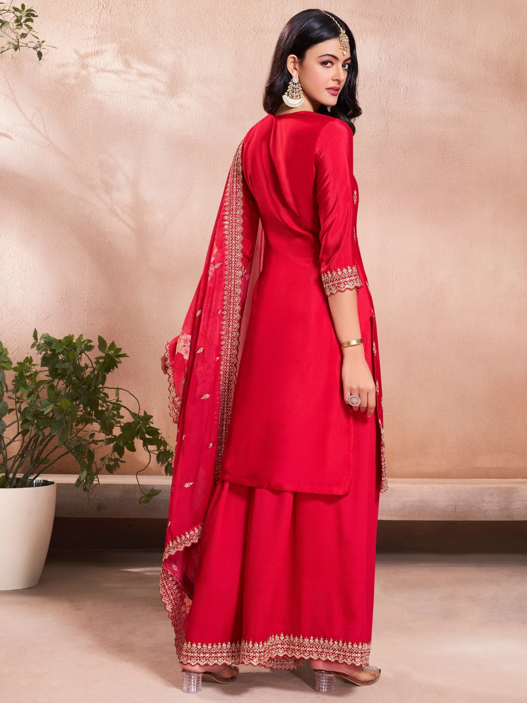 The52 Women's Gorgeous Embroidery Vichitra Silk Fabric Straight Kurta, Sharara and Dupatta Set