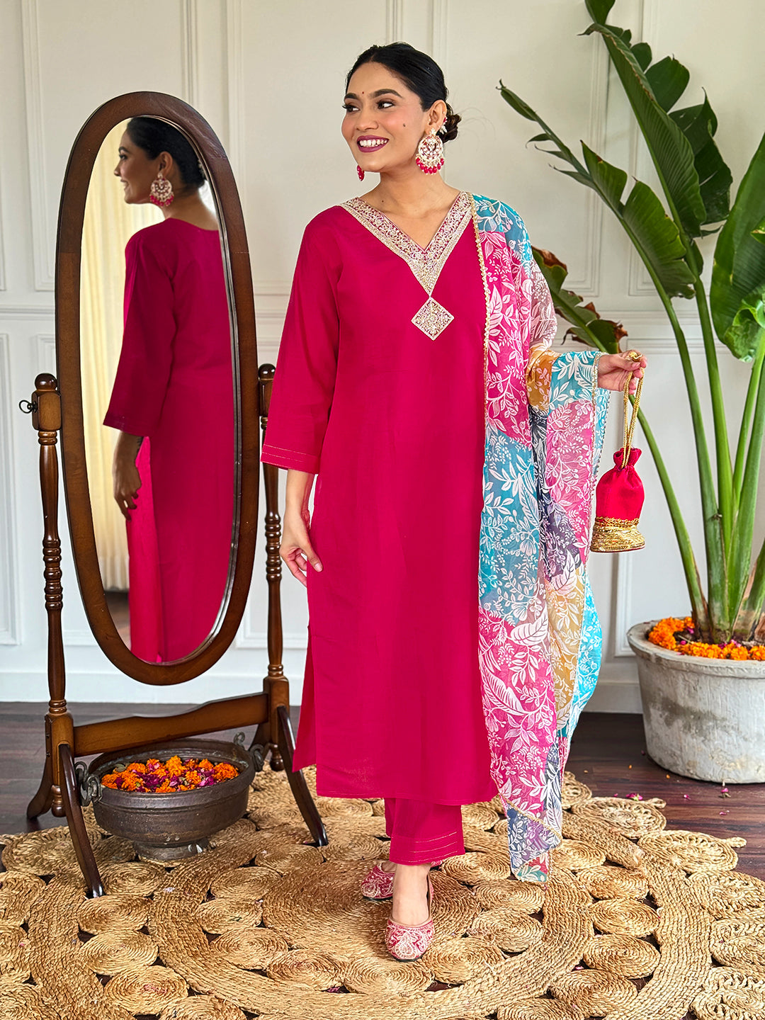 The52 Floral Chanderi Silk Fabric Straight Kurta, Pant and Dupatta Set