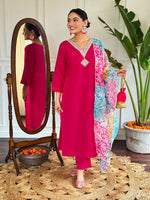 Thumbnail for The52 Floral Chanderi Silk Fabric Straight Kurta, Pant and Dupatta Set