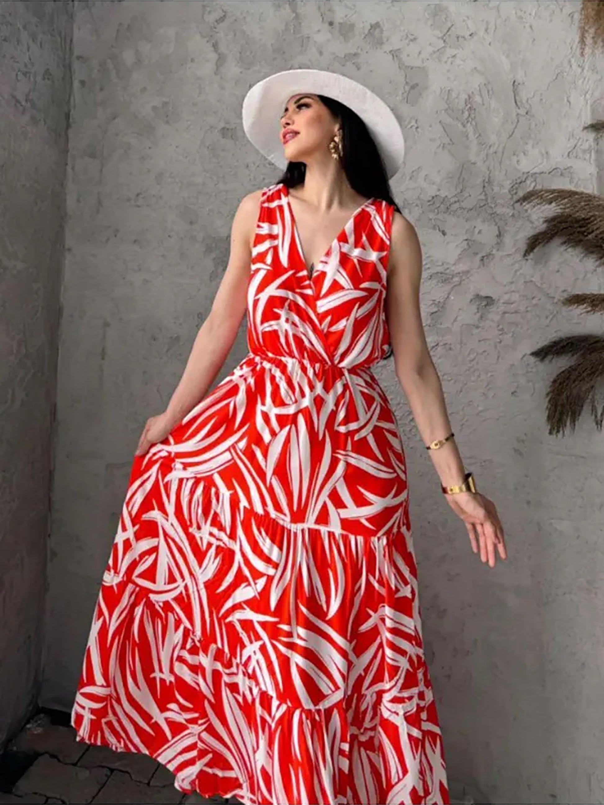Pimu Viscose Patterned Summer Dress - Elastic Waist, V-Neck - Red - Distacart