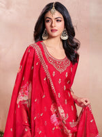 Thumbnail for The52 Women's Gorgeous Embroidery Vichitra Silk Fabric Straight Kurta, Sharara and Dupatta Set