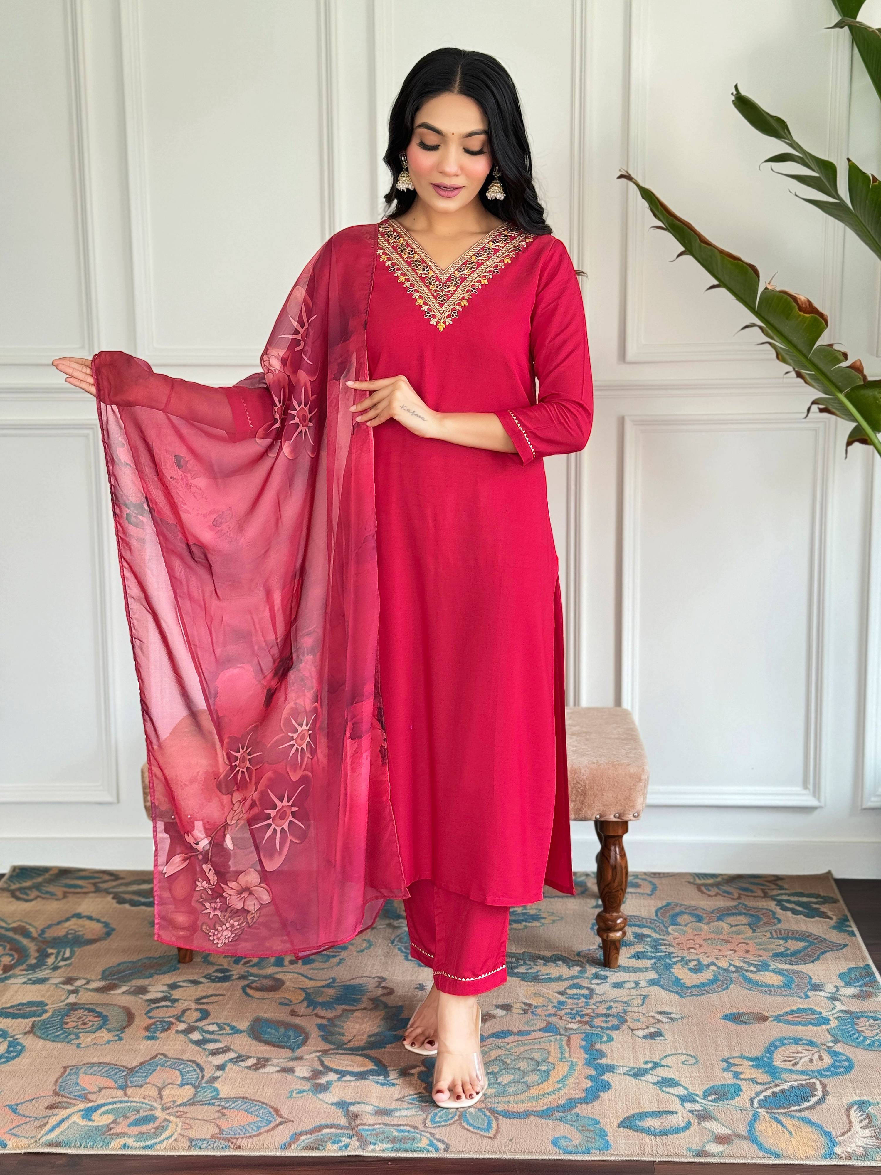 The52 Floral Rayon Fabric Straight Kurta, Pant and Dupatta Set