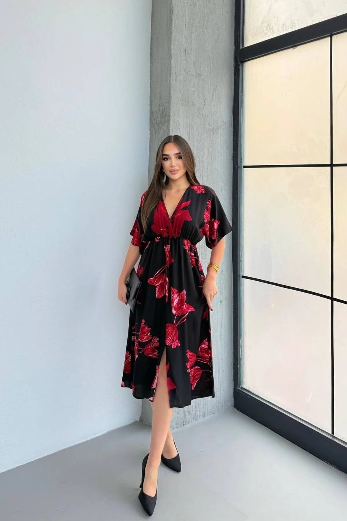 Pimu Front Slit Midi Dresses V-neck Designs For Women Party Wear - Red