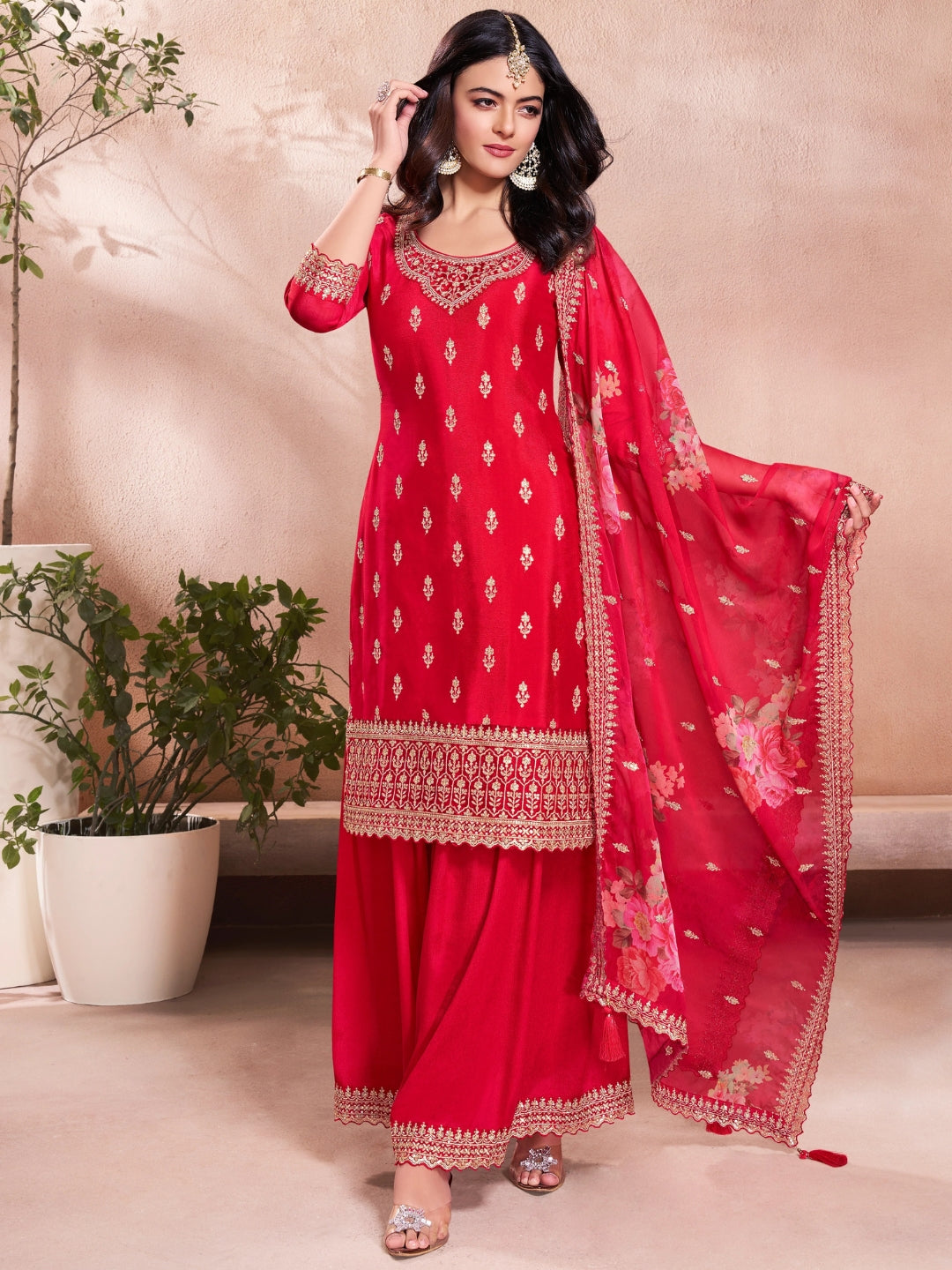 The52 Women's Gorgeous Embroidery Vichitra Silk Fabric Straight Kurta, Sharara and Dupatta Set
