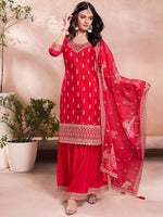 Thumbnail for The52 Women's Gorgeous Embroidery Vichitra Silk Fabric Straight Kurta, Sharara and Dupatta Set