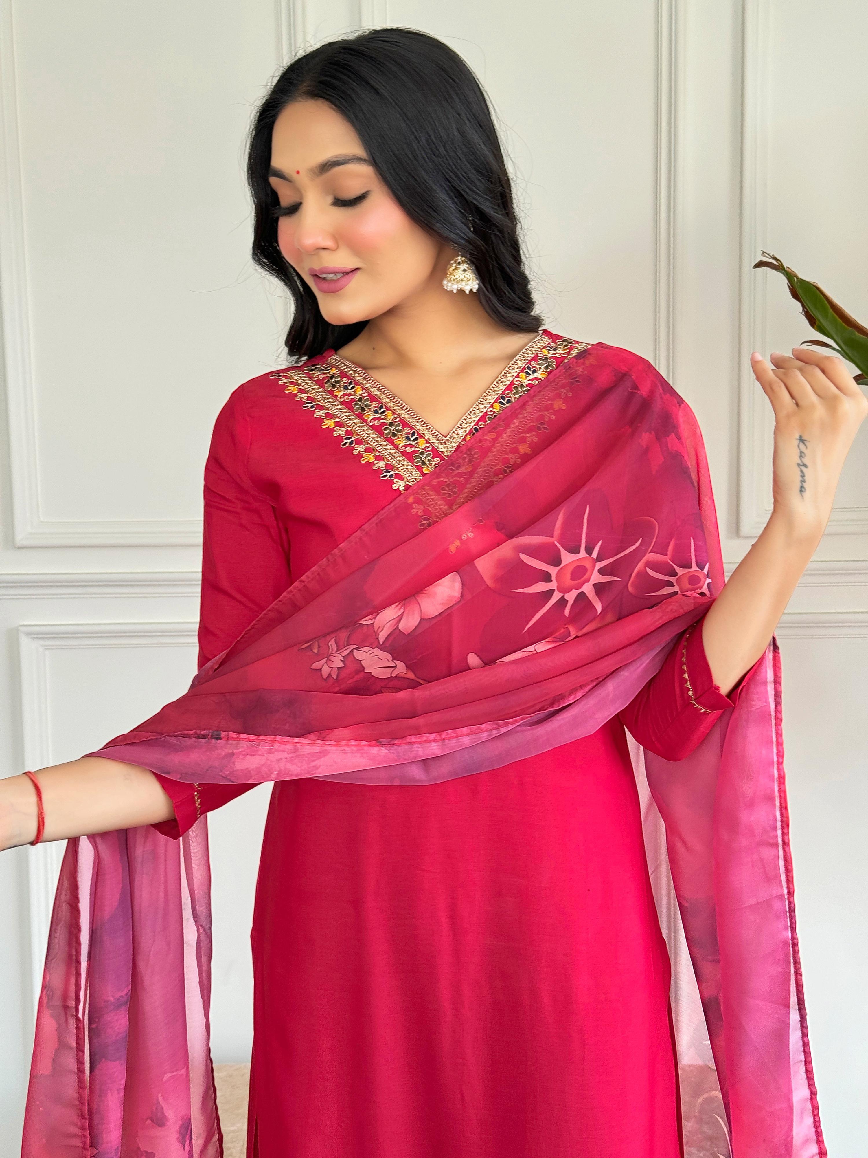 The52 Floral Rayon Fabric Straight Kurta, Pant and Dupatta Set