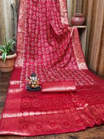 Thumbnail for Anaita Red Soft Satin Silk Bandhej Print Saree With Kanchi Zari Weaving Border - Distacart
