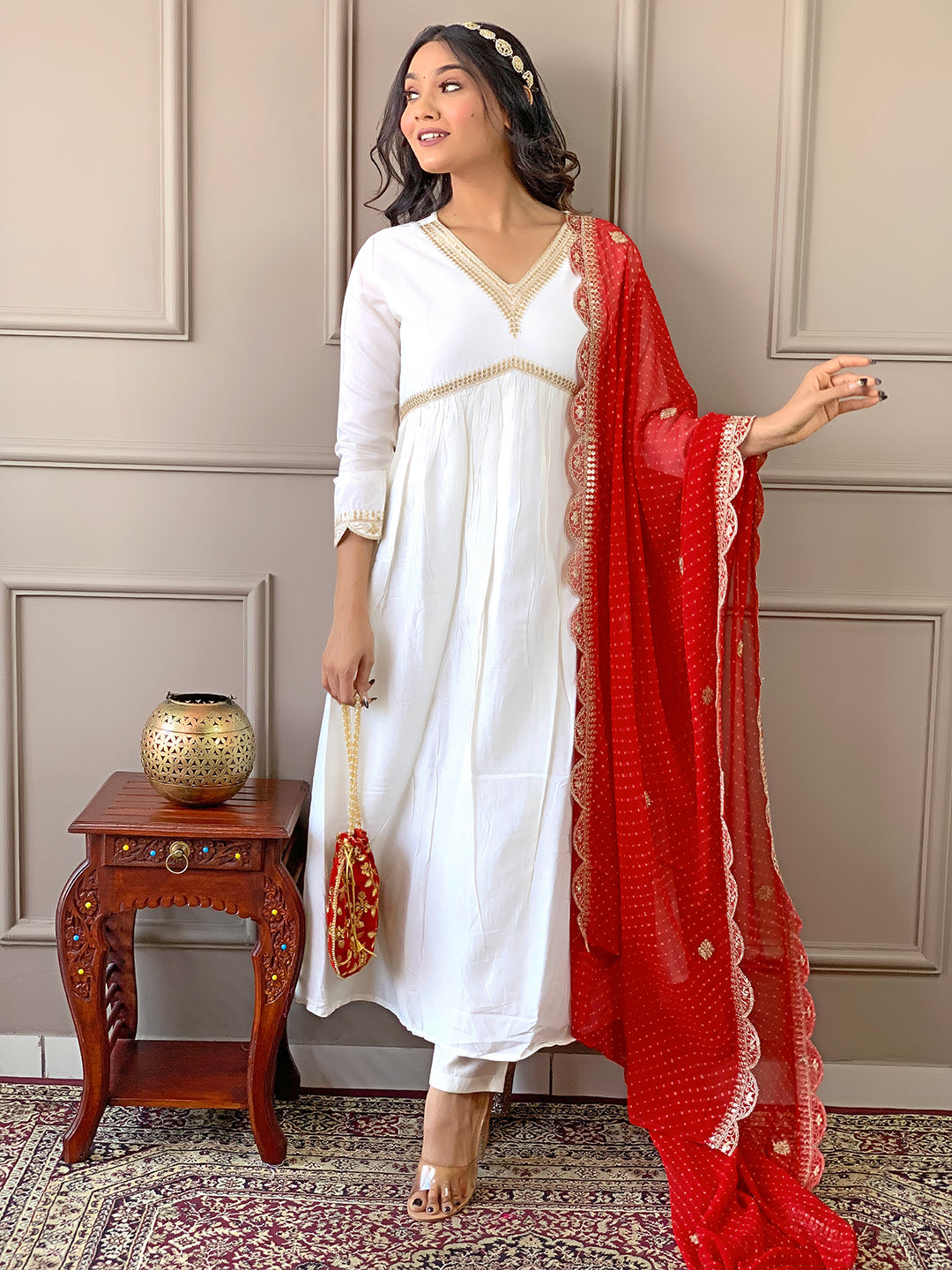 The52 Women's Gorgeous Embroidery Chandrei Fabric Straight Kurta, Pant and Dupatta Set