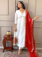 Thumbnail for The52 Women's Gorgeous Embroidery Chandrei Fabric Straight Kurta, Pant and Dupatta Set