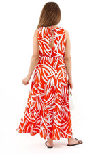 Thumbnail for Pimu Viscose Patterned Summer Dress - Elastic Waist, V-Neck - Red