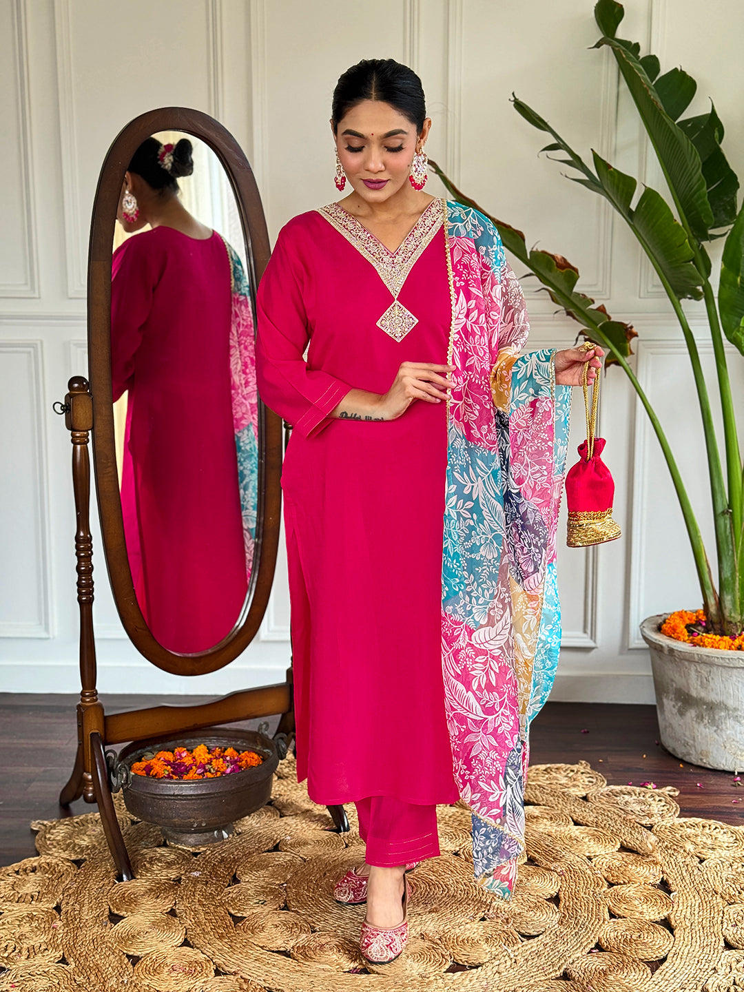 The52 Floral Chanderi Silk Fabric Straight Kurta, Pant and Dupatta Set