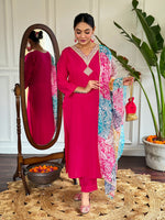 Thumbnail for The52 Floral Chanderi Silk Fabric Straight Kurta, Pant and Dupatta Set