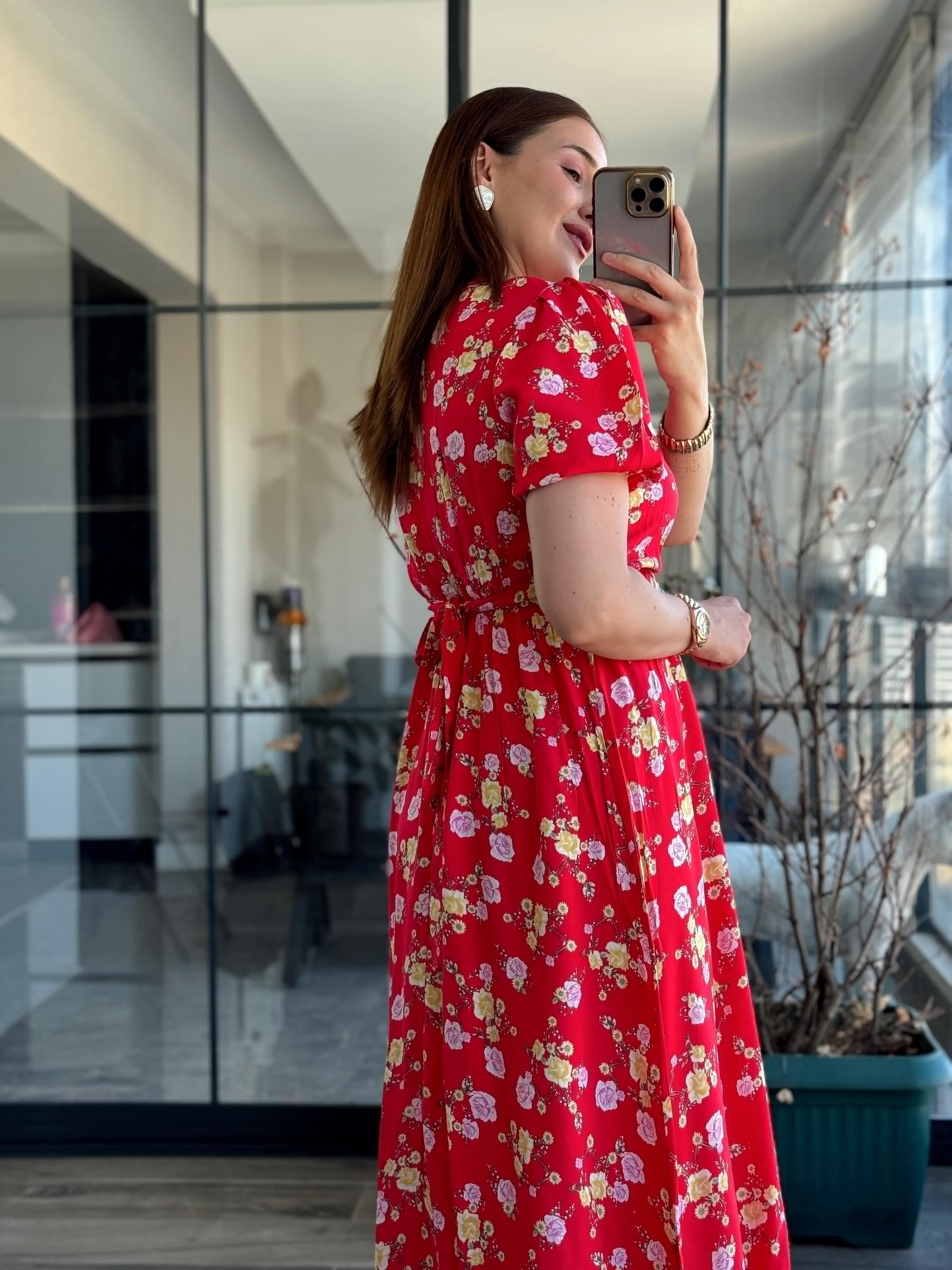 Pimu New Season Baby Collar Viscose Midi Dress - Belted Trend - Red