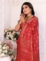 Thumbnail for Anaita Red Soft Satin Silk Bandhej Print Saree With Kanchi Zari Weaving Border - Distacart