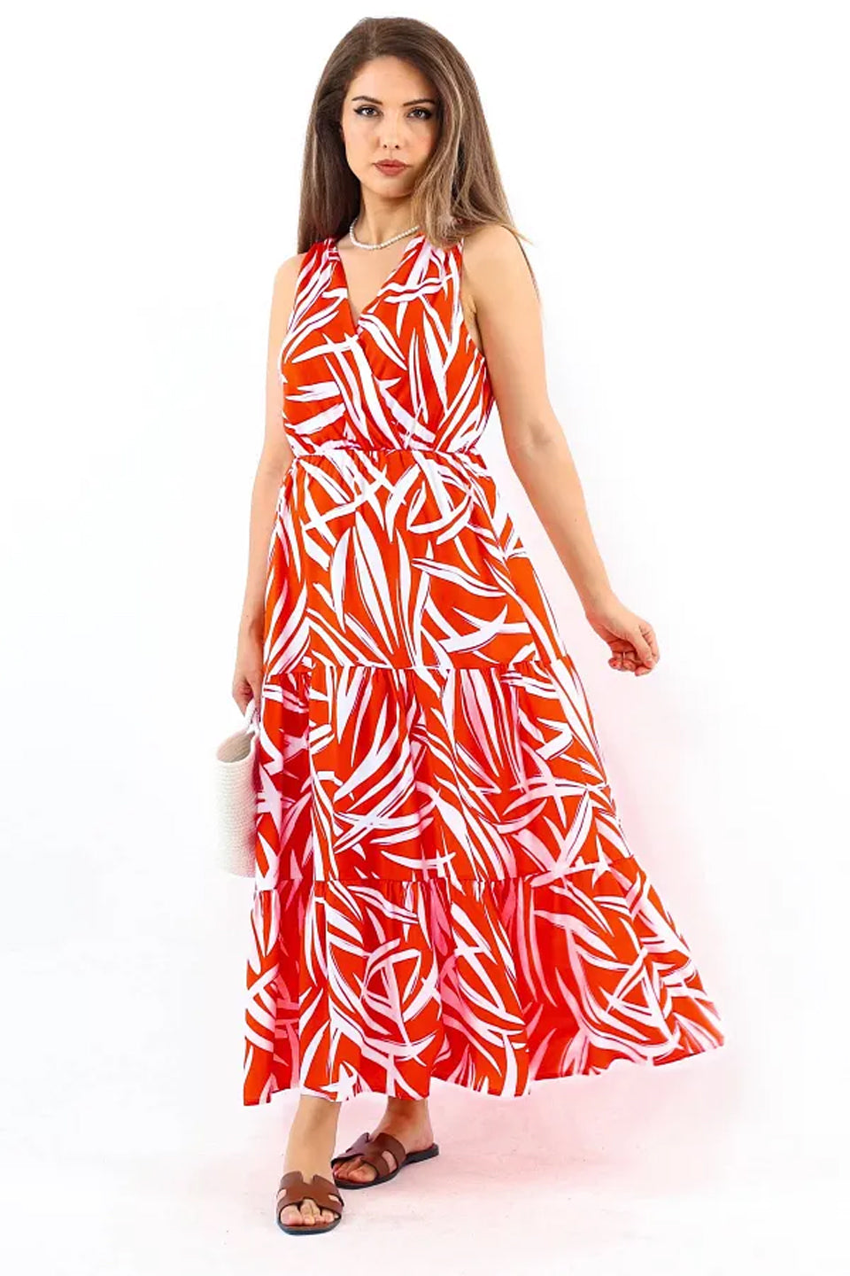 Pimu Viscose Patterned Summer Dress - Elastic Waist, V-Neck - Red