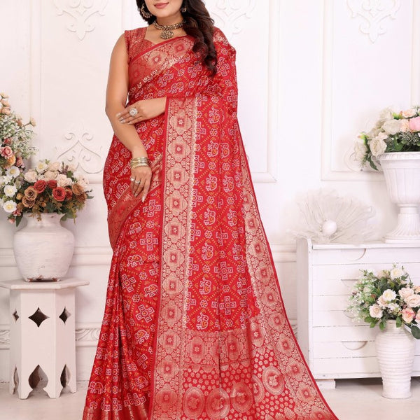 Anaita Red Soft Satin Silk Bandhej Print Saree With Kanchi Zari Weaving Border - Distacart