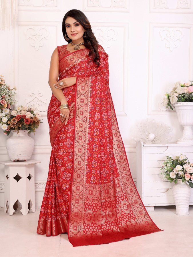 Anaita Red Soft Satin Silk Bandhej Print Saree With Kanchi Zari Weaving Border - Distacart