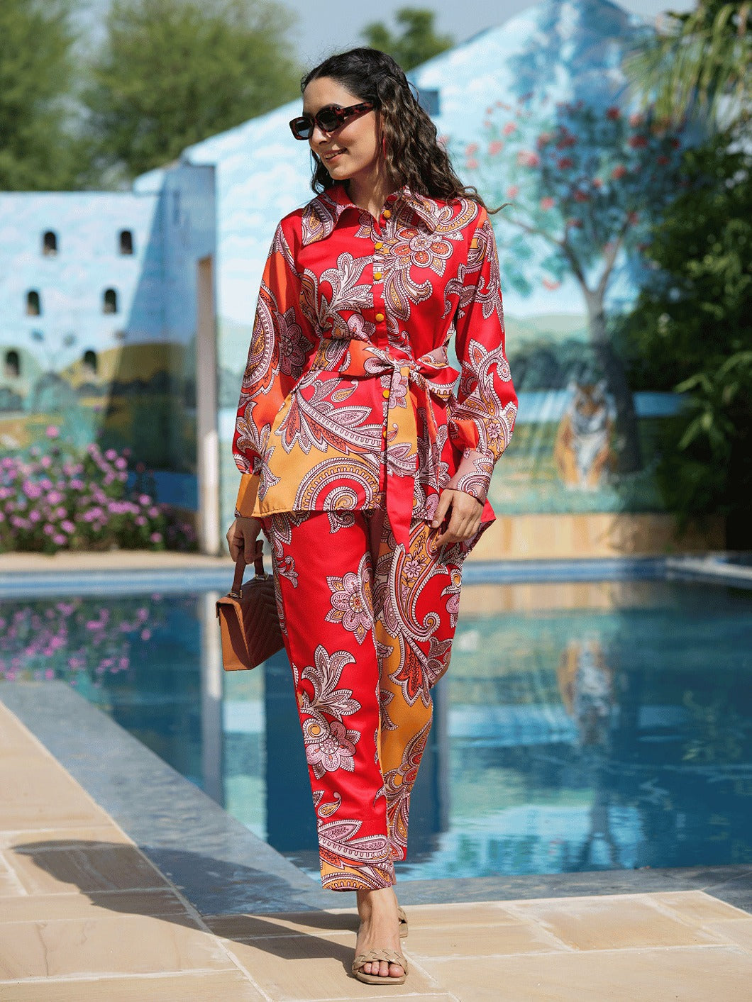 Yufta Red And Yellow Printed Satin Co-Ords - Distacart