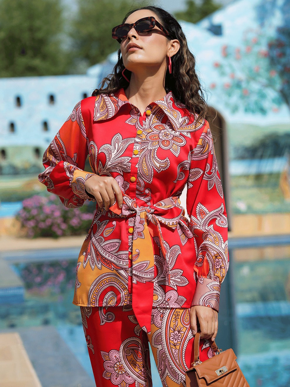 Yufta Red And Yellow Printed Satin Co-Ords - Distacart