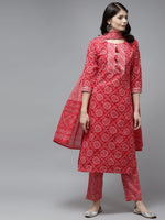 Thumbnail for Yufta Red Bandhani Embroidered Dupatta Set