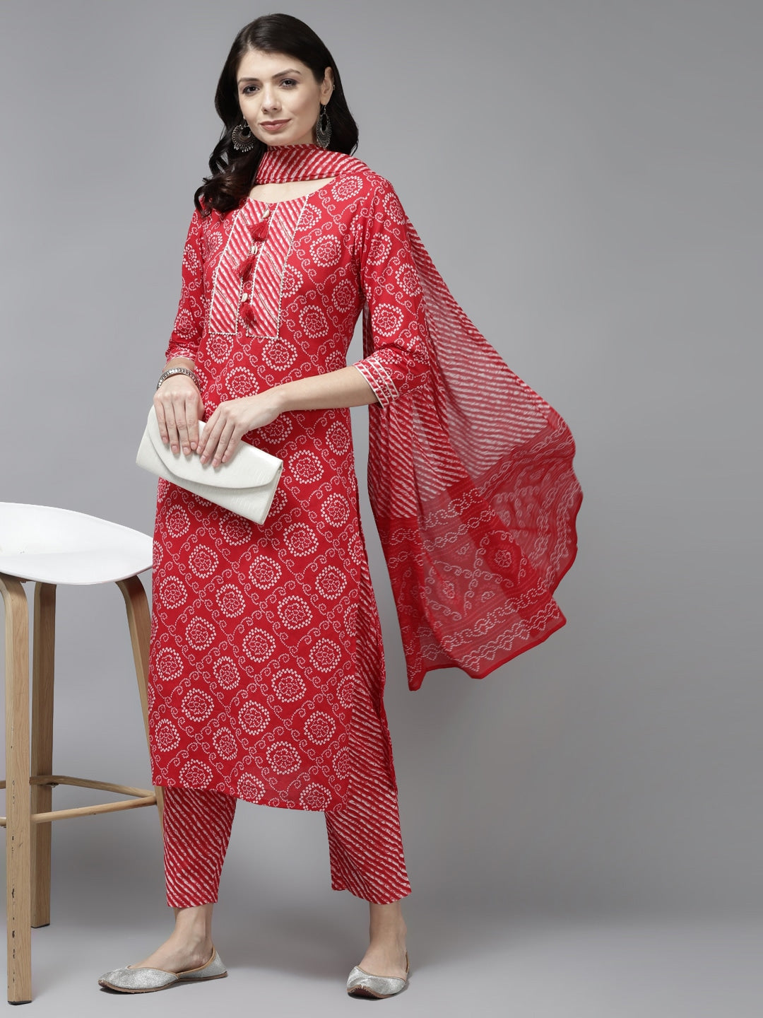 Yufta Red Bandhani Embroidered Dupatta Set - Distacart