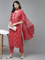 Thumbnail for Yufta Red Bandhani Embroidered Dupatta Set