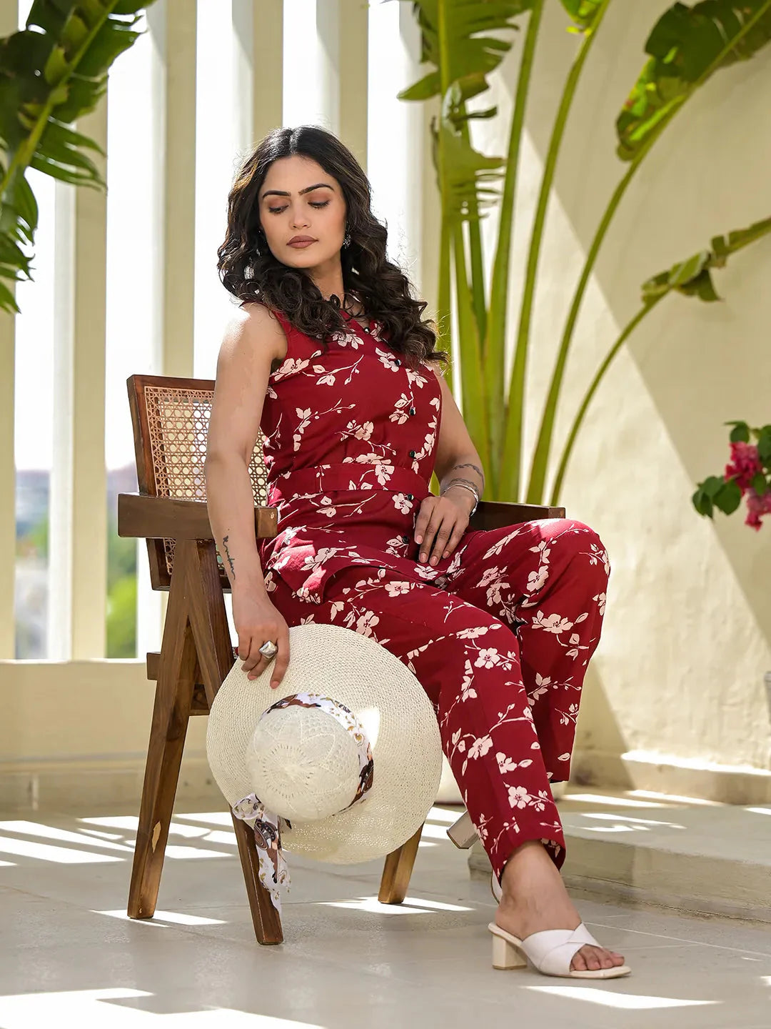 Yufta Red Cotton Floral Print Comes With A Belt Co-Ord Set