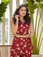 Thumbnail for Yufta Red Cotton Floral Print Comes With A Belt Co-Ord Set
