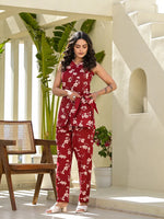 Thumbnail for Yufta Red Cotton Floral Print Comes With A Belt Co-Ord Set