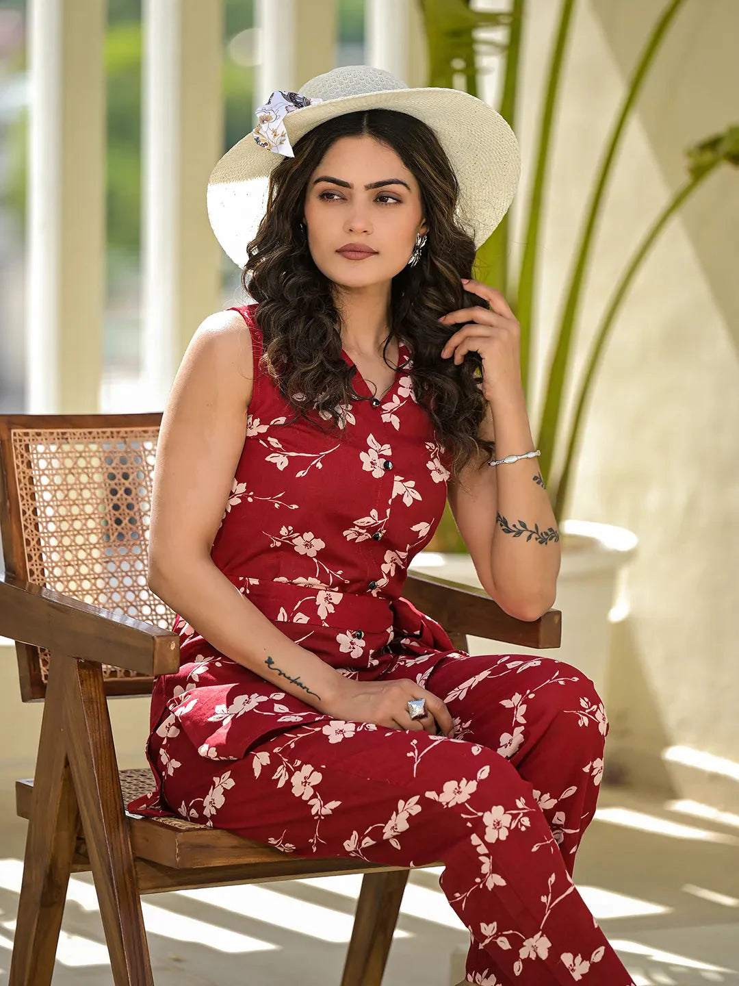 Yufta Red Cotton Floral Print Comes With A Belt Co-Ord Set - Distacart