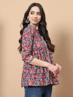 Thumbnail for Yufta Red Cotton Floral Print Peplum Top With Lace Detailing
