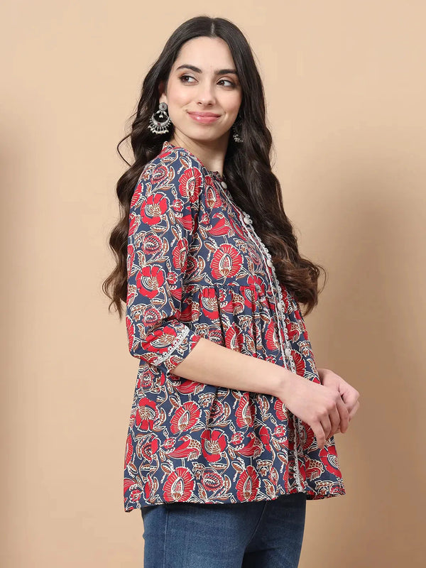 Yufta Red Cotton Floral Print Peplum Top With Lace Detailing