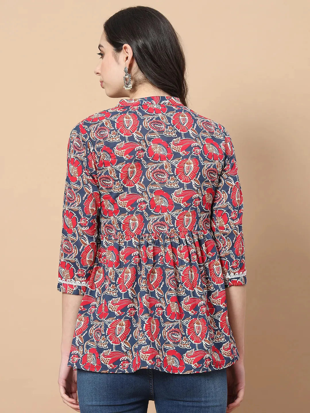 Yufta Red Cotton Floral Print Peplum Top With Lace Detailing