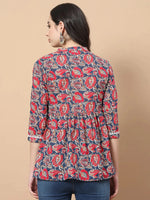 Thumbnail for Yufta Red Cotton Floral Print Peplum Top With Lace Detailing
